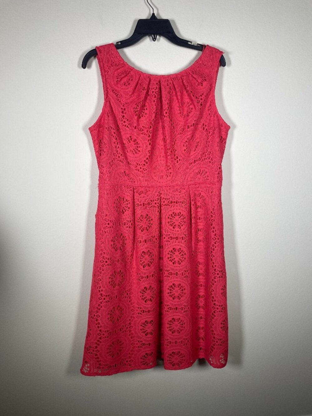 Coldwater Creek Women's Sleeveless Crochet Fit & Flare Dress 14 Coral Cocktail